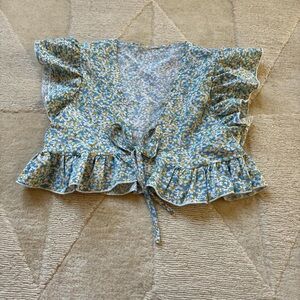 SHEIN Blue Floral Ruffle Blouse